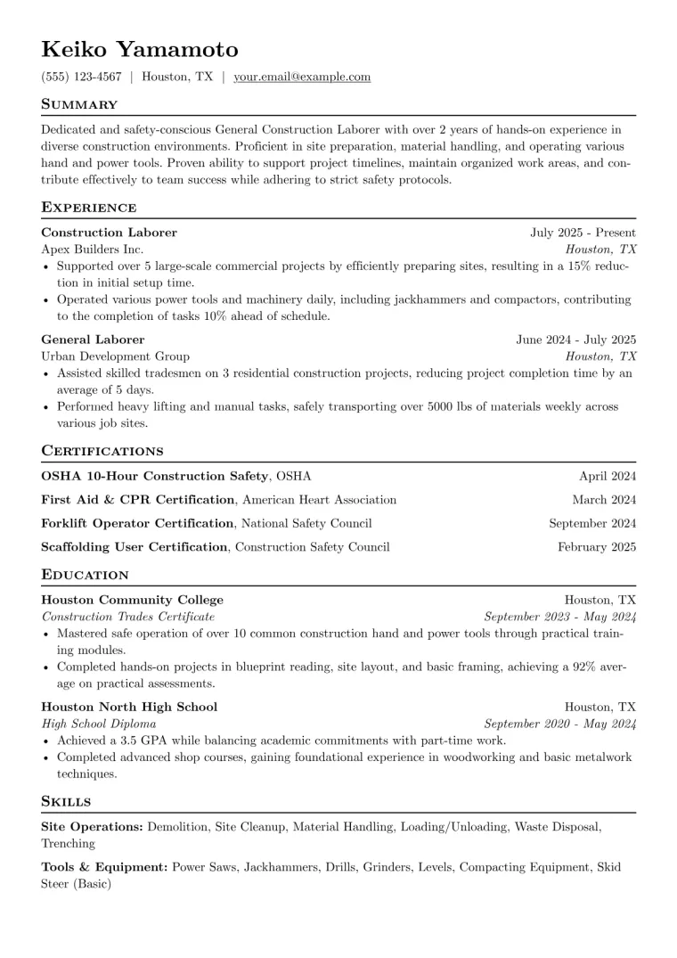 General Construction Laborer Resume Example CV template preview