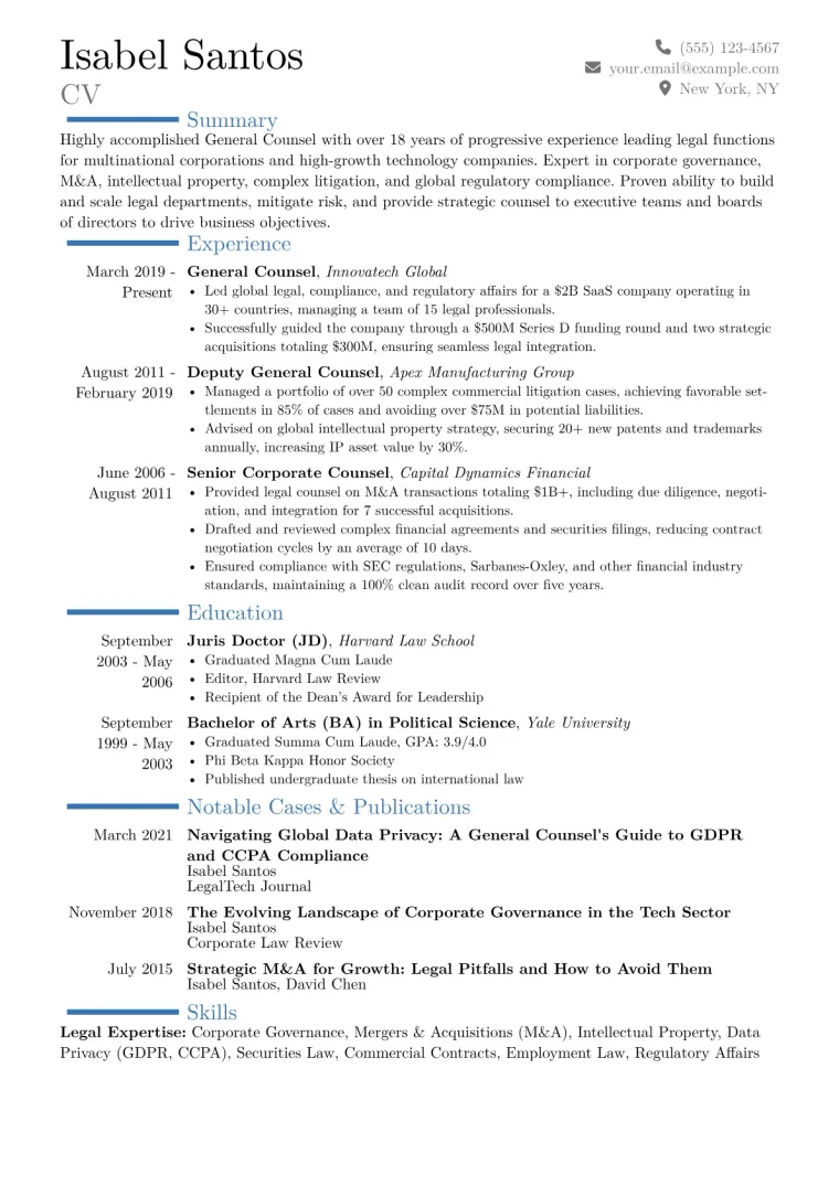 General Counsel Resume Example CV template preview