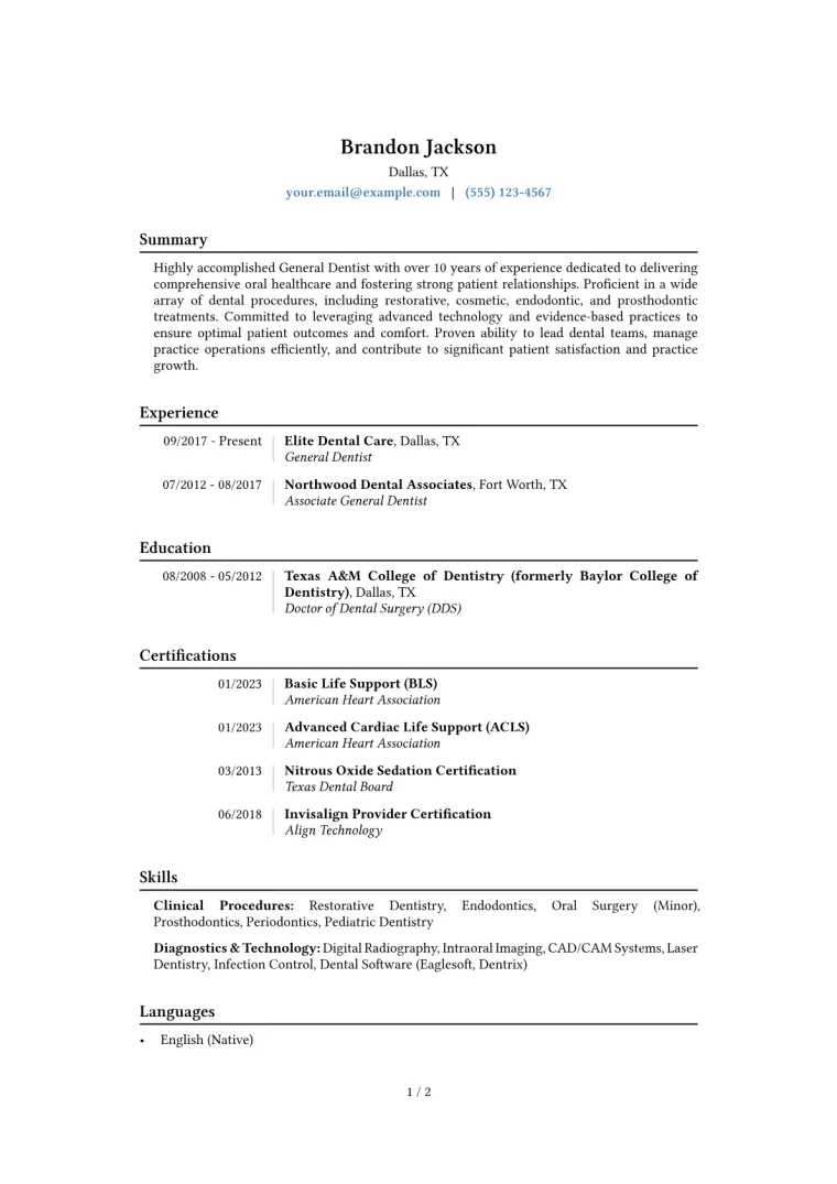 General Dentist Resume Example CV template preview