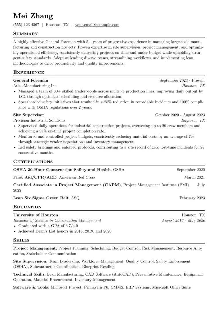 General Foreman Resume Example CV template preview