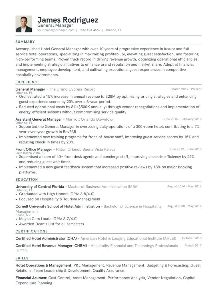 General Manager Hotel Resume Example CV template preview