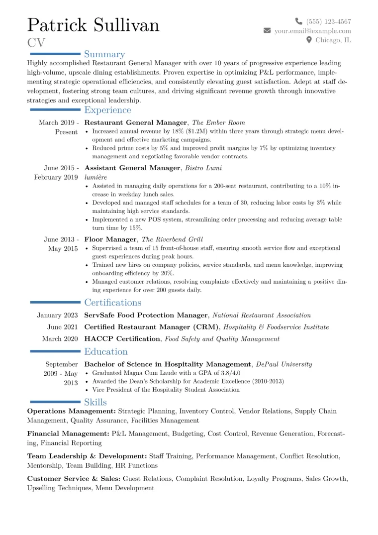 Restaurant General Manager Resume Example CV template preview