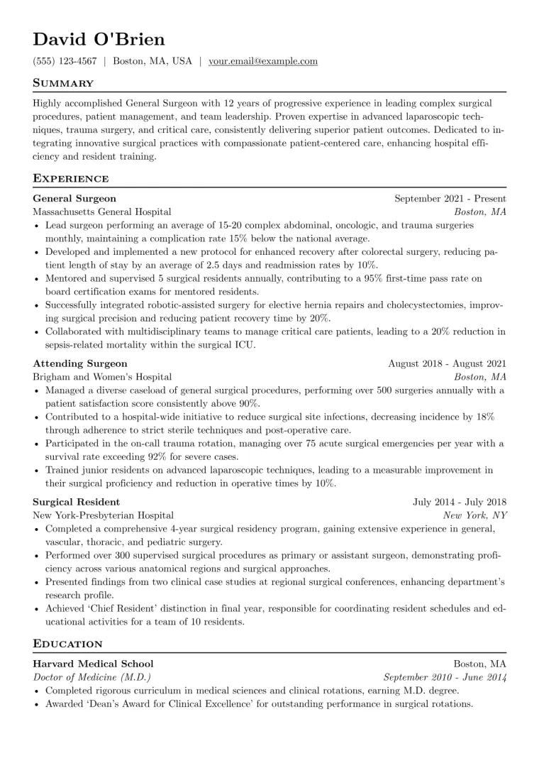 General Surgeon Resume Example CV template preview