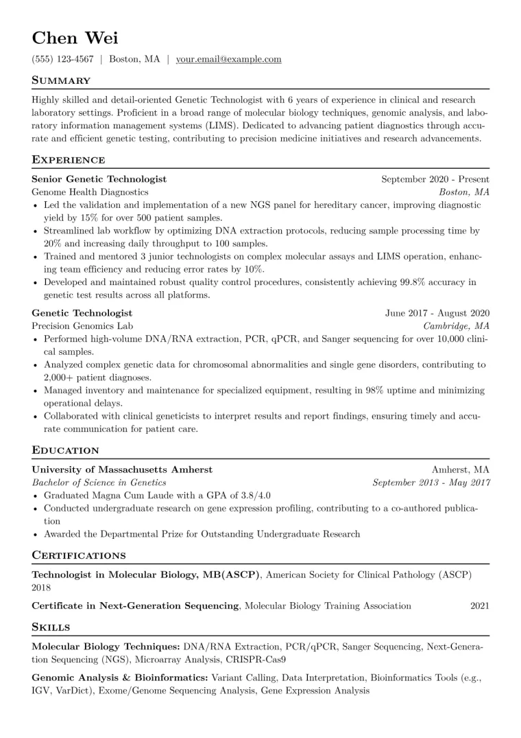 Genetic Technologist Resume Example CV template preview