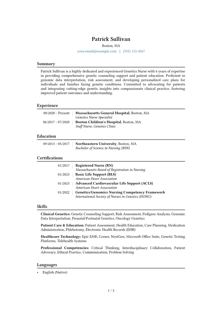 Genetics Nurse Resume Example CV template preview