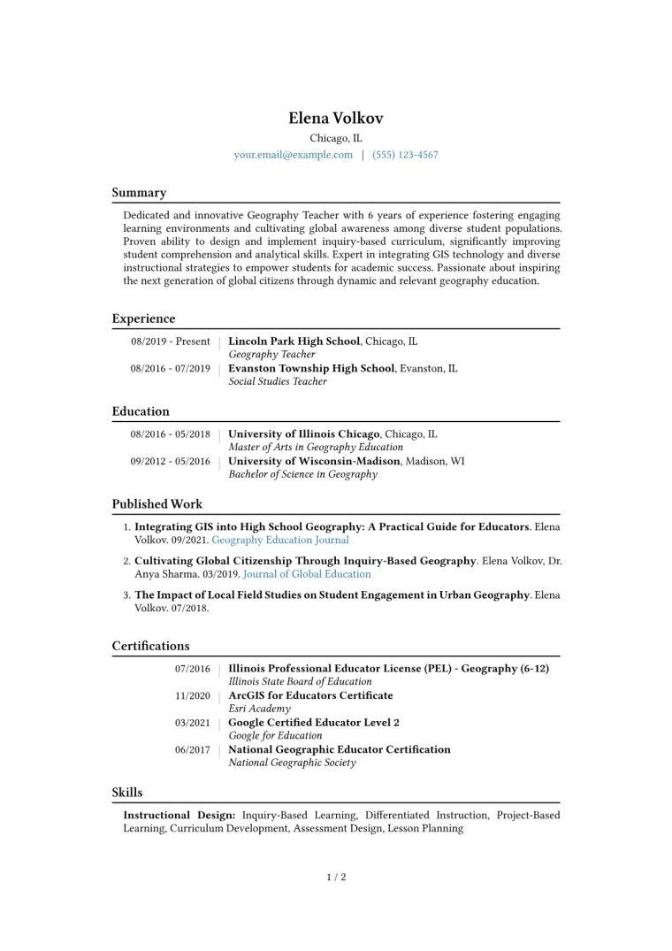 Geography Teacher Resume Example CV template preview