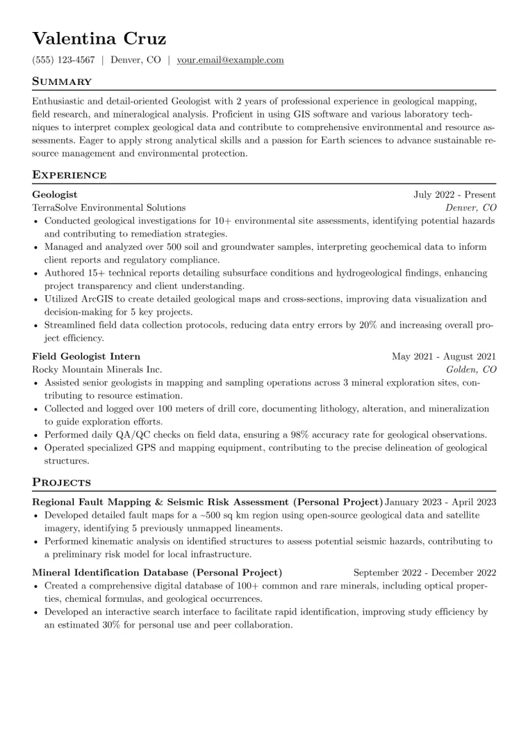 Geologist Resume Example CV template preview