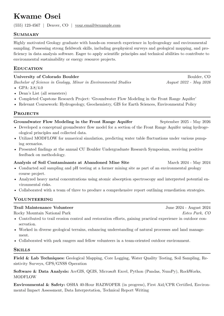 Geology Student Resume Example preview