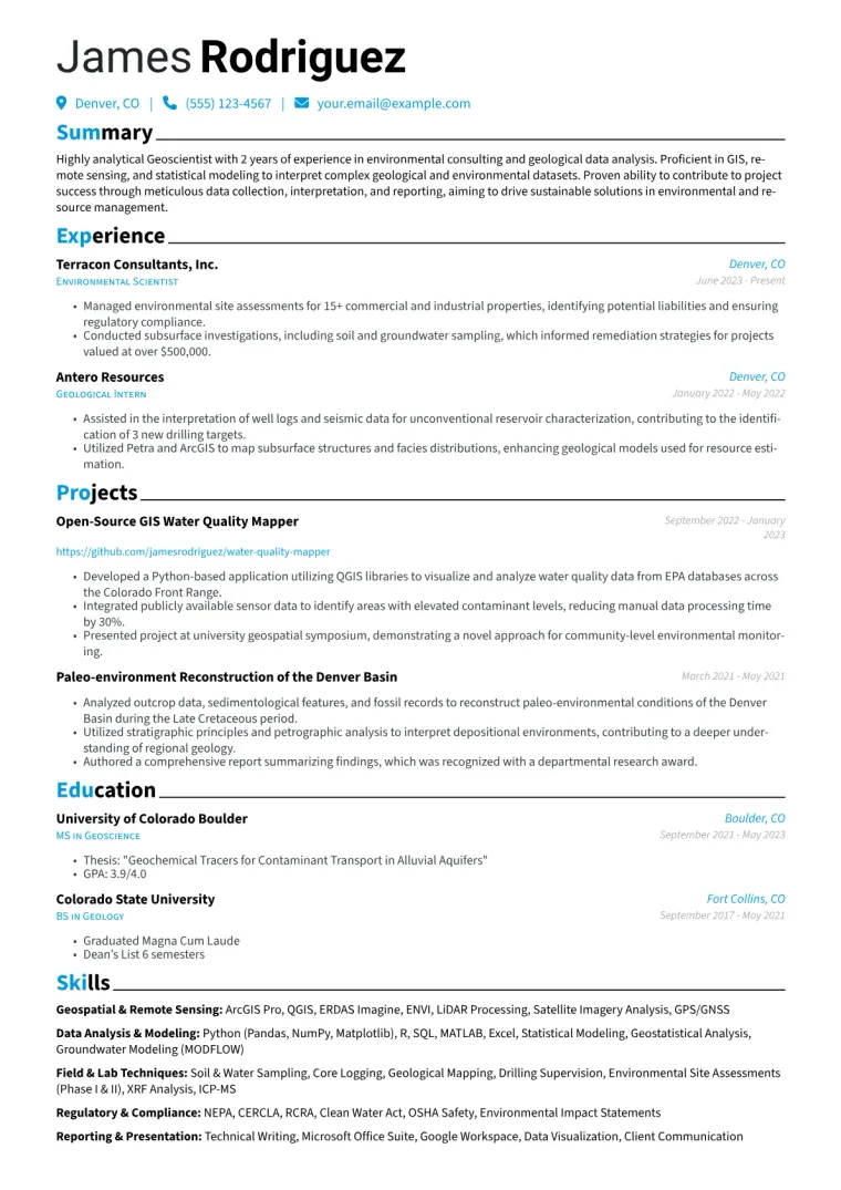 Geoscientist Resume Example CV template preview