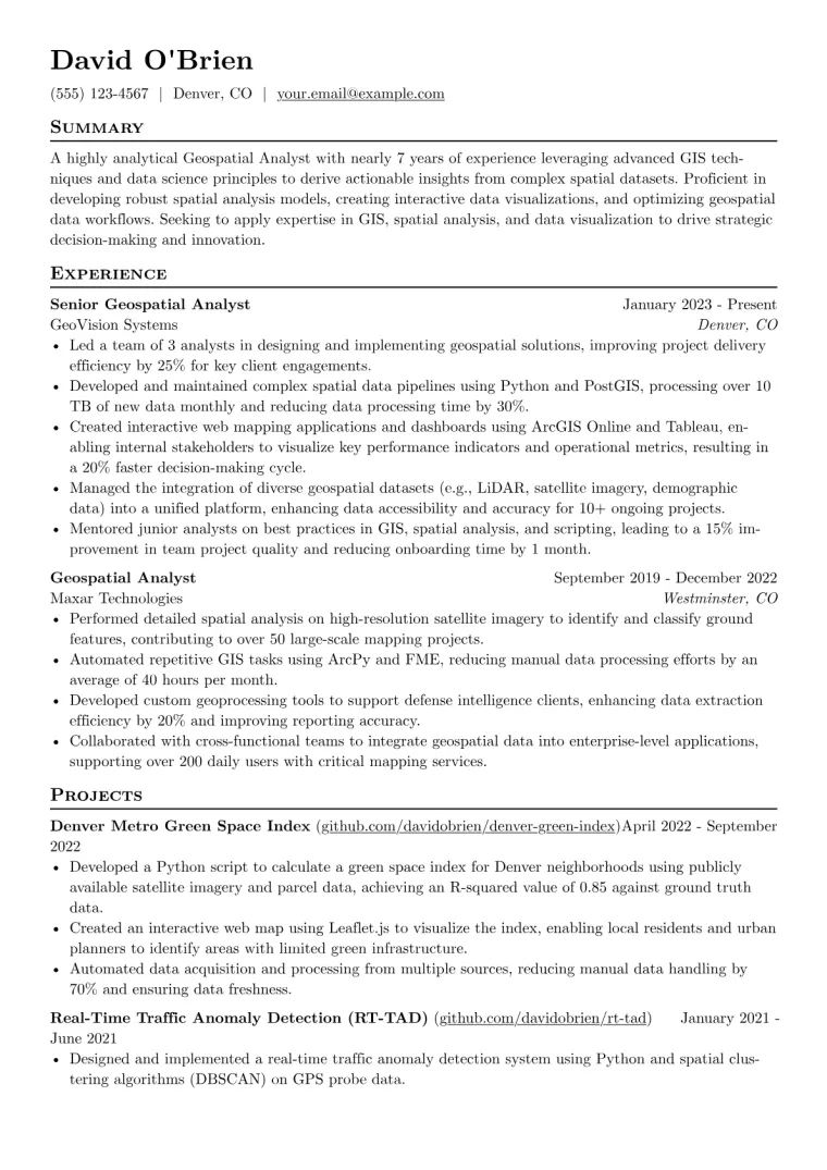 Geospatial Analyst Resume Example CV template preview