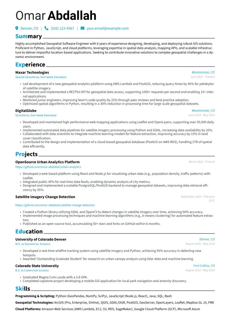 Geospatial Software Engineer Resume Example CV template preview