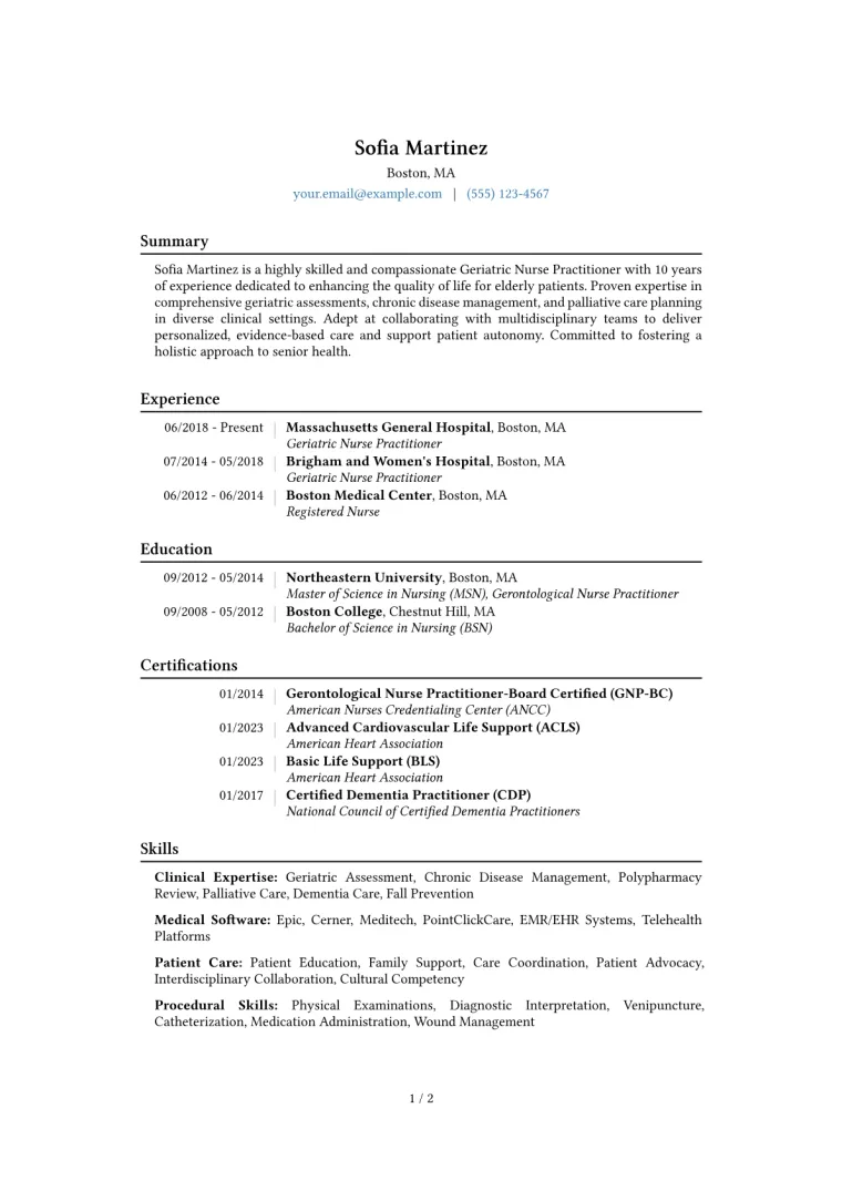 Geriatric Nurse Practitioner Resume Example CV template preview
