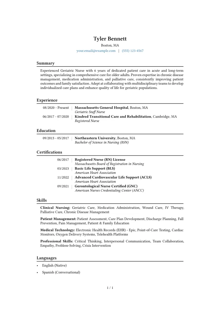 Geriatric Nurse Resume Example CV template preview