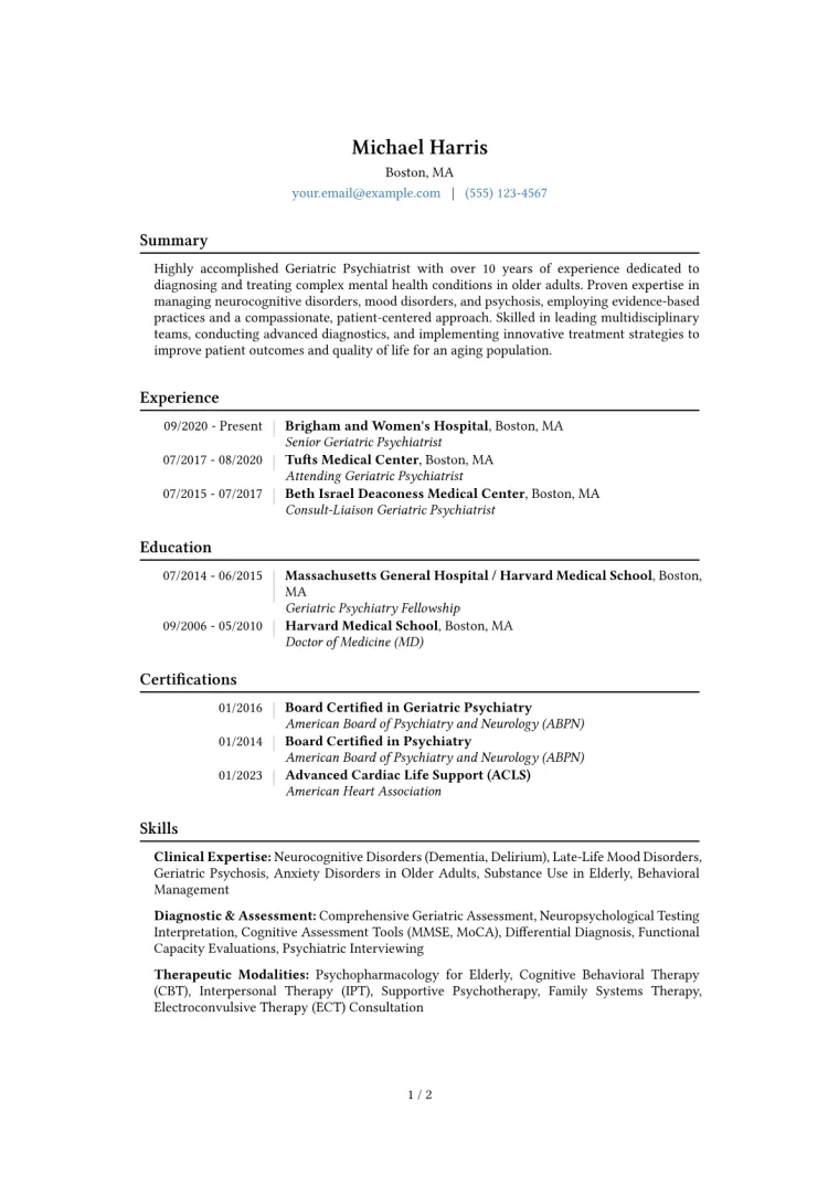 Geriatric Psychiatrist Resume Example CV template preview