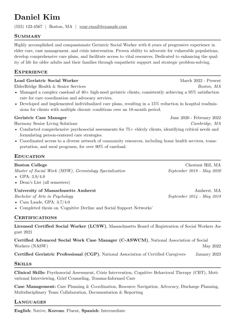 Geriatric Social Worker Resume Example preview