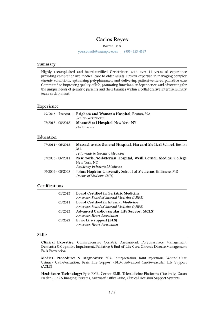 Geriatrician Resume Example CV template preview