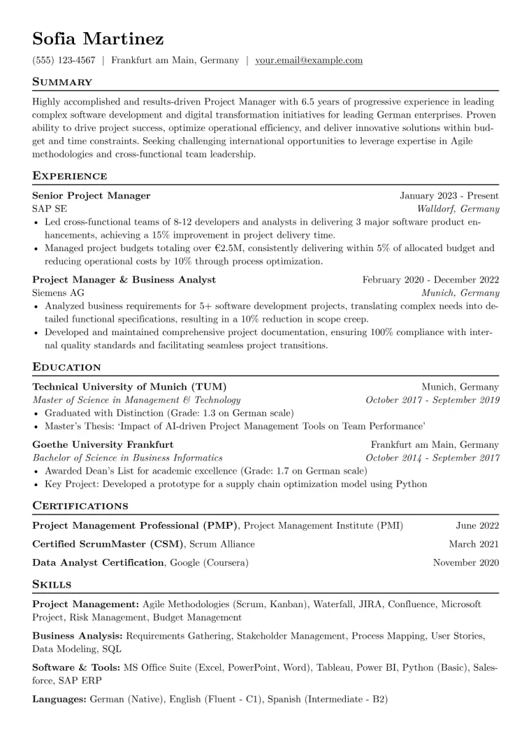 German CV in English Example CV template preview