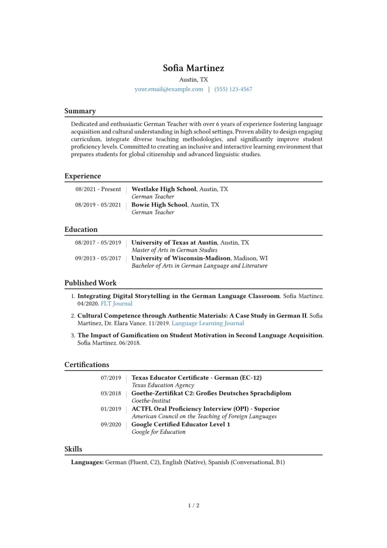 German Teacher Resume Example CV template preview
