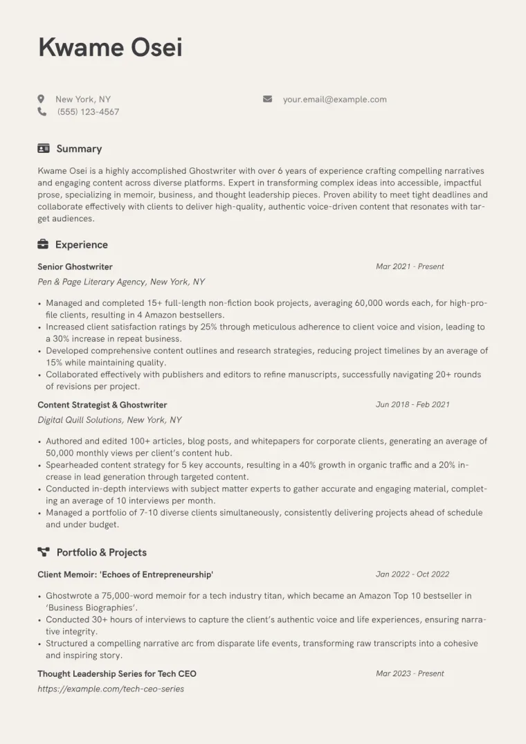 Ghostwriter Resume Example CV template preview