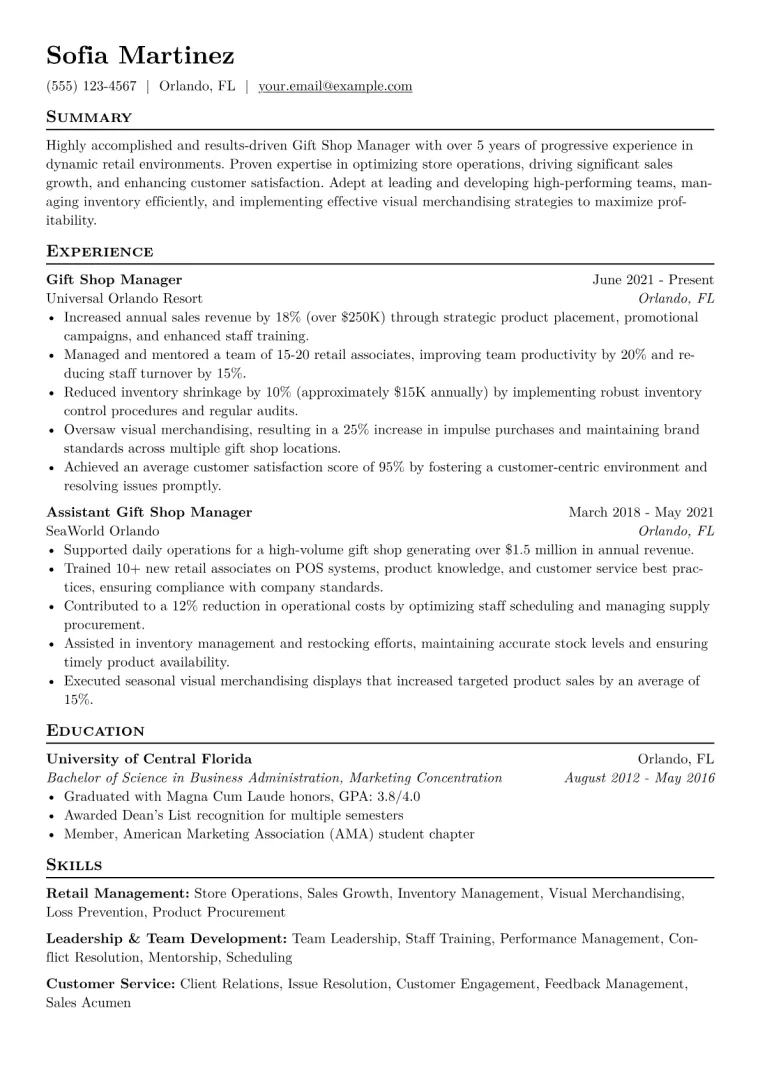 Gift Shop Manager Resume Example CV template preview
