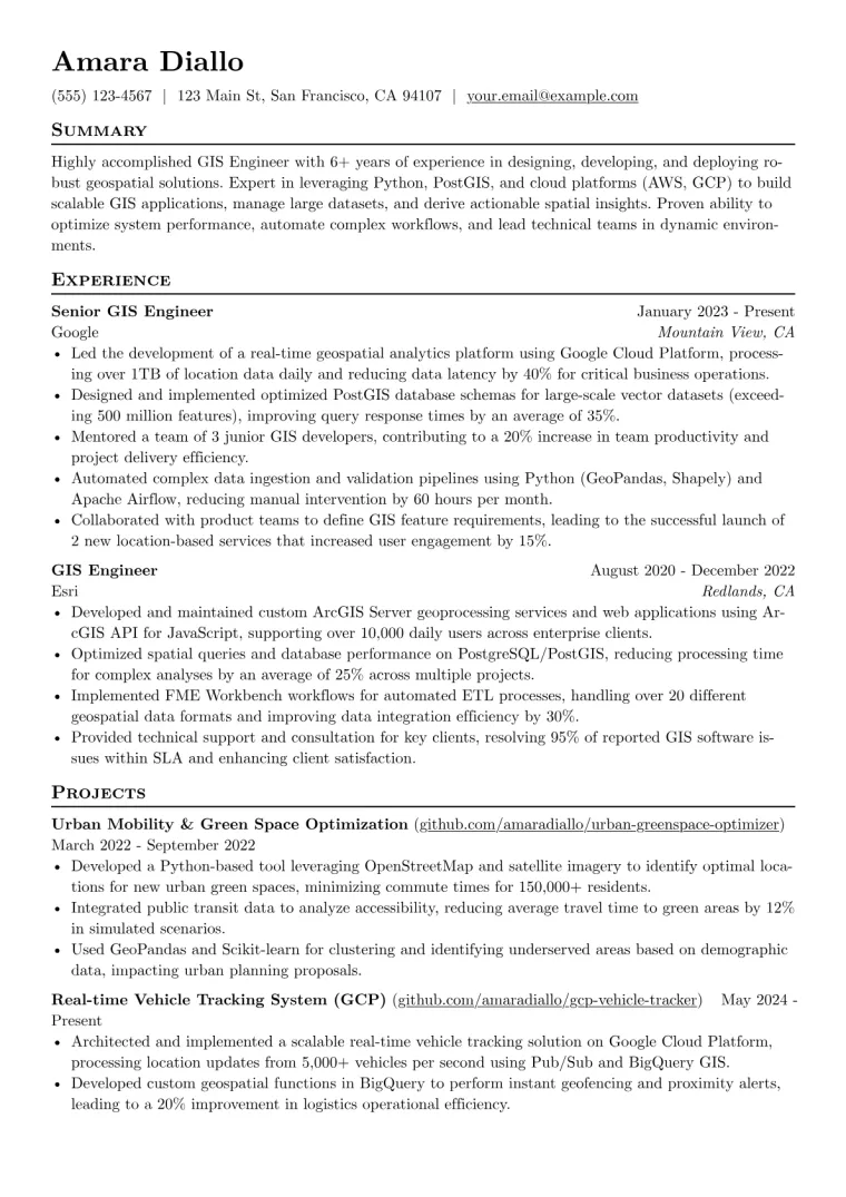 GIS Engineer Resume Example CV template preview