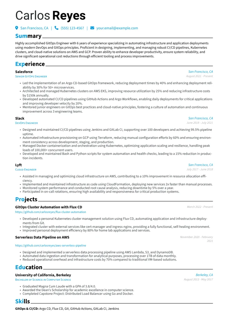 GitOps Engineer Resume Example CV template preview