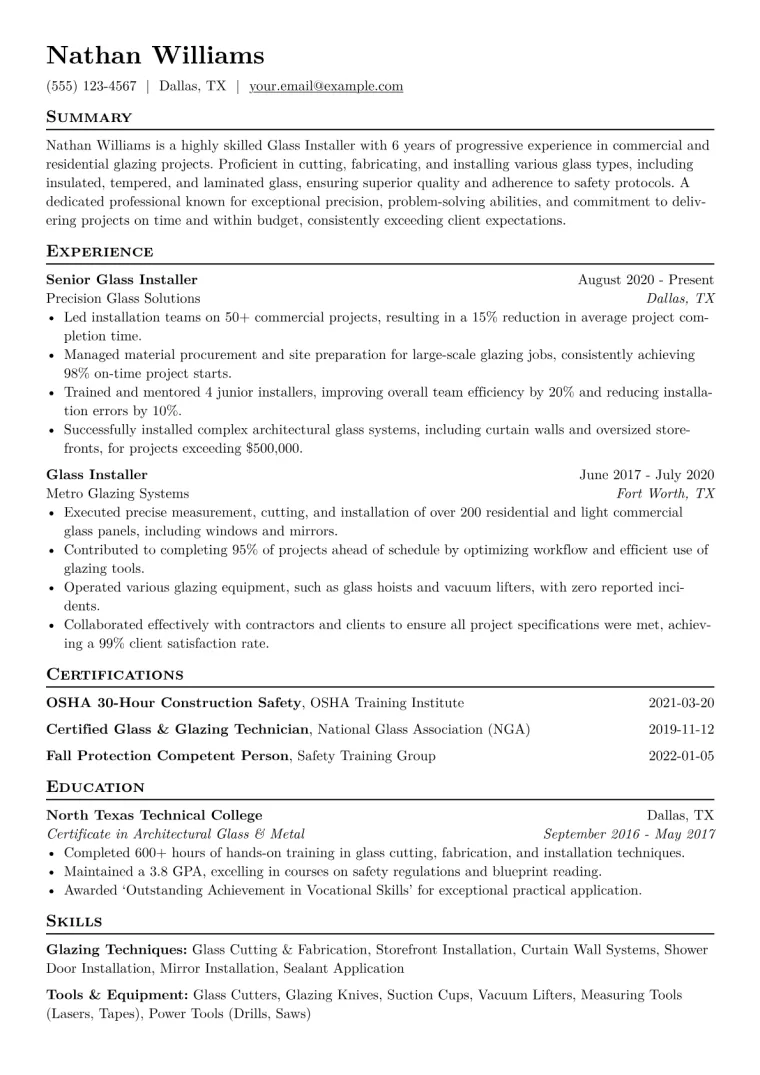 Glass Installer Resume Example CV template preview