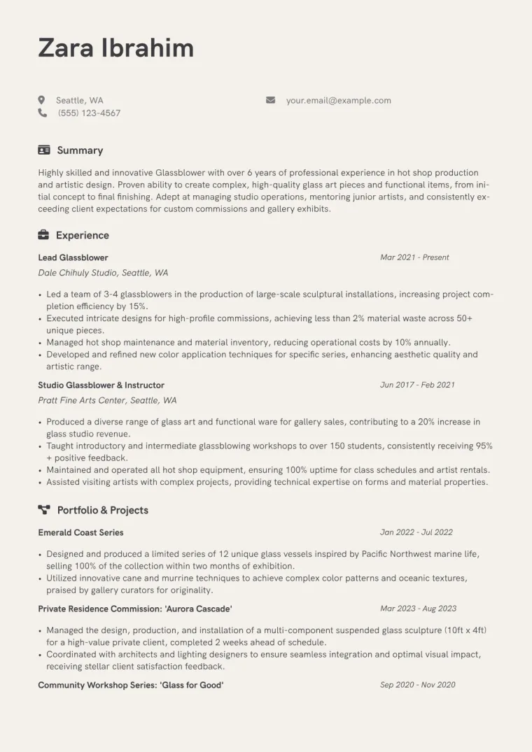 Glassblower Resume Example CV template preview