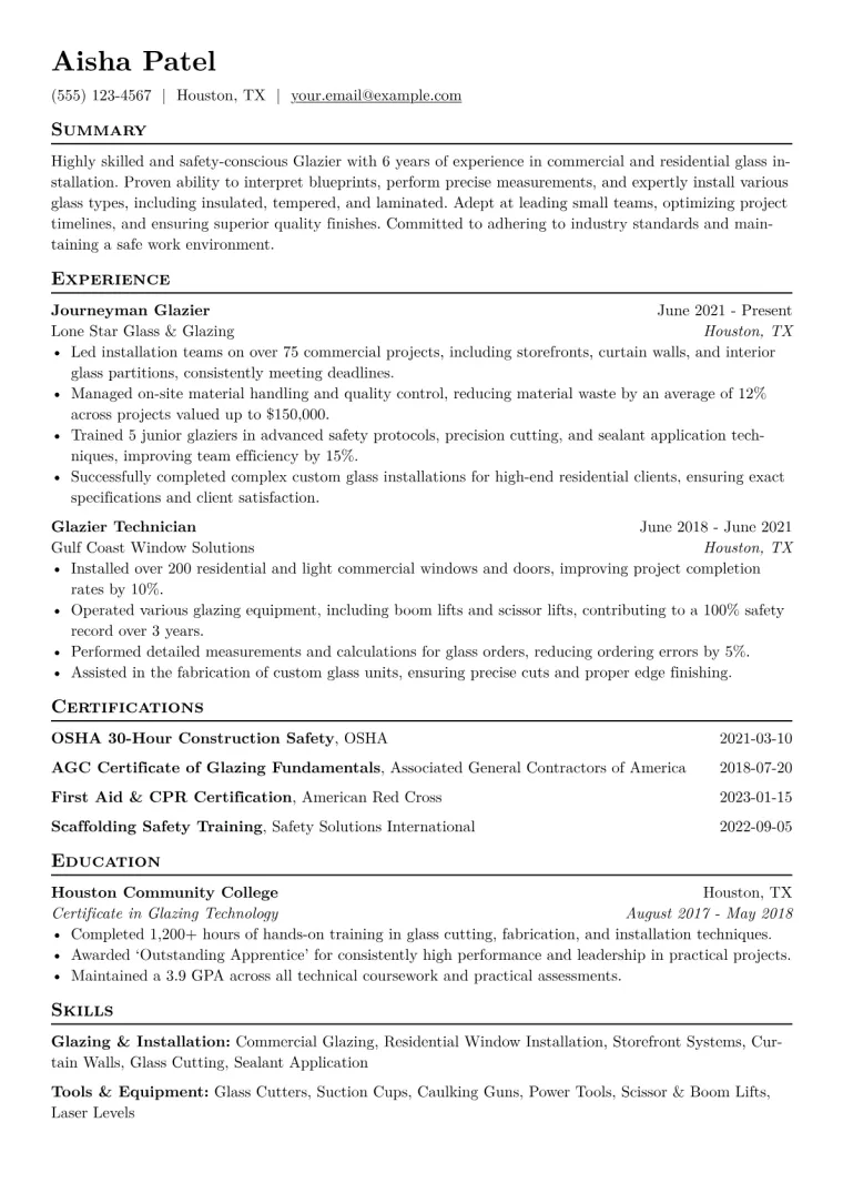 Glazier Resume Example CV template preview