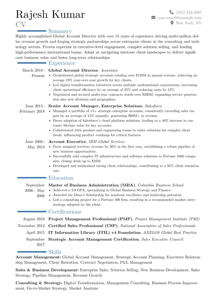 Global Account Director Resume Example CV template preview