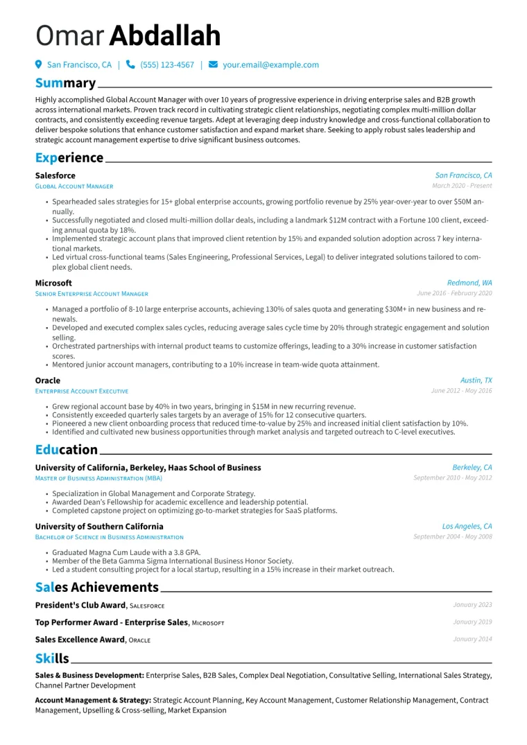 Global Account Manager Resume Example CV template preview