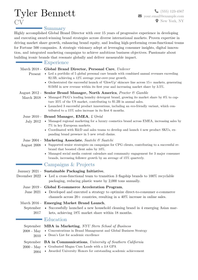 Global Brand Director Resume Example CV template preview