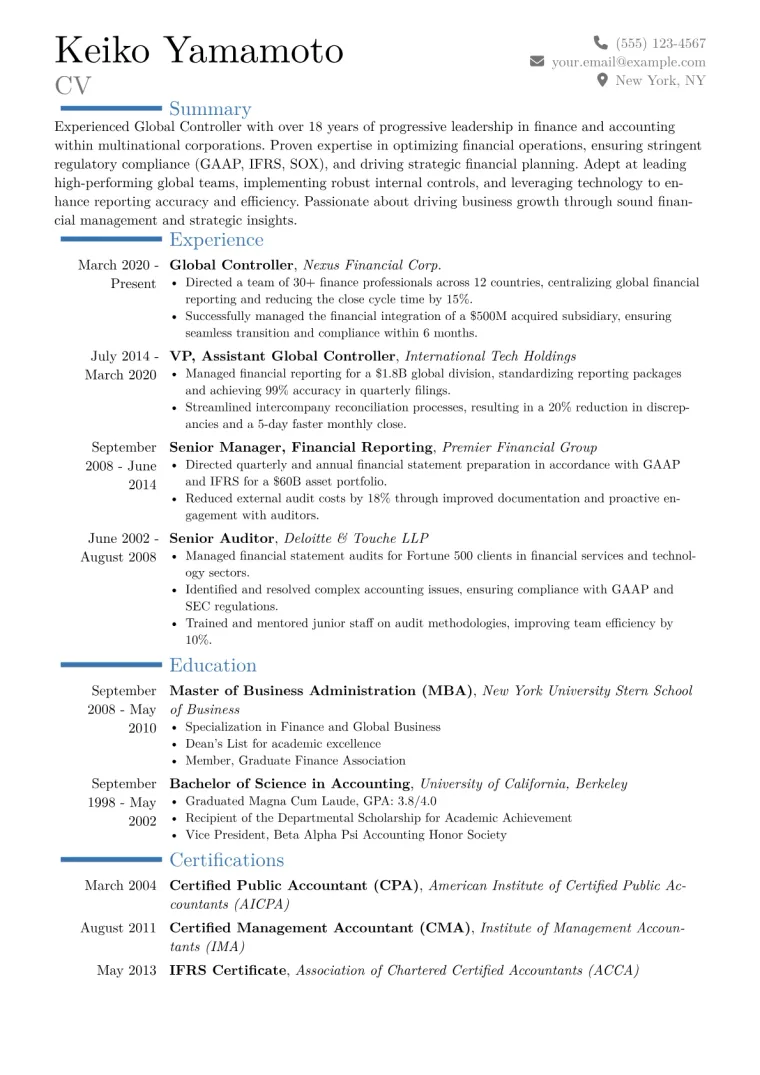 Global Controller Resume Example CV template preview