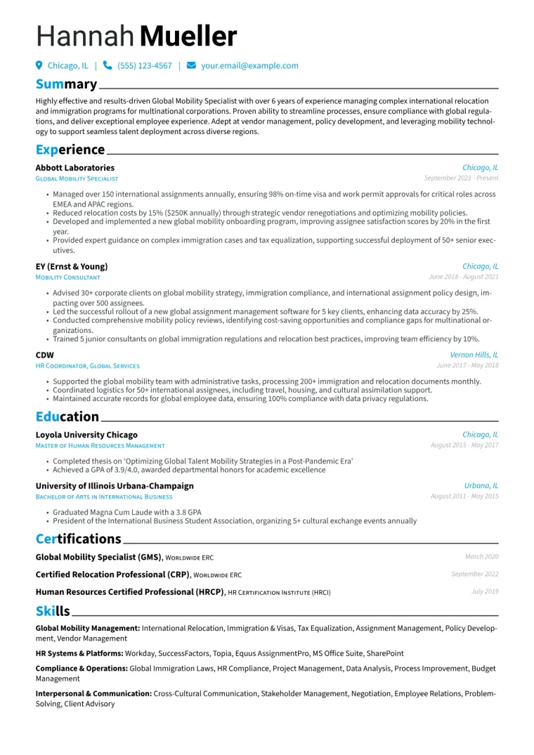Global Mobility Specialist Resume Example CV template preview