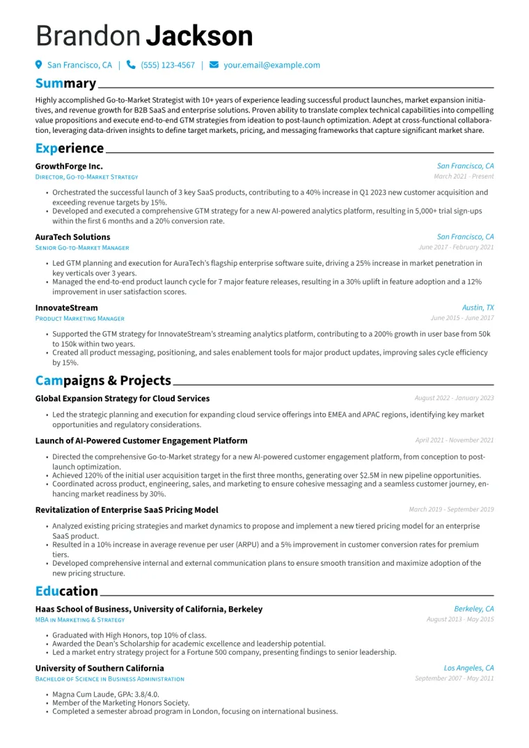 Go-to-Market Strategist Resume Example CV template preview