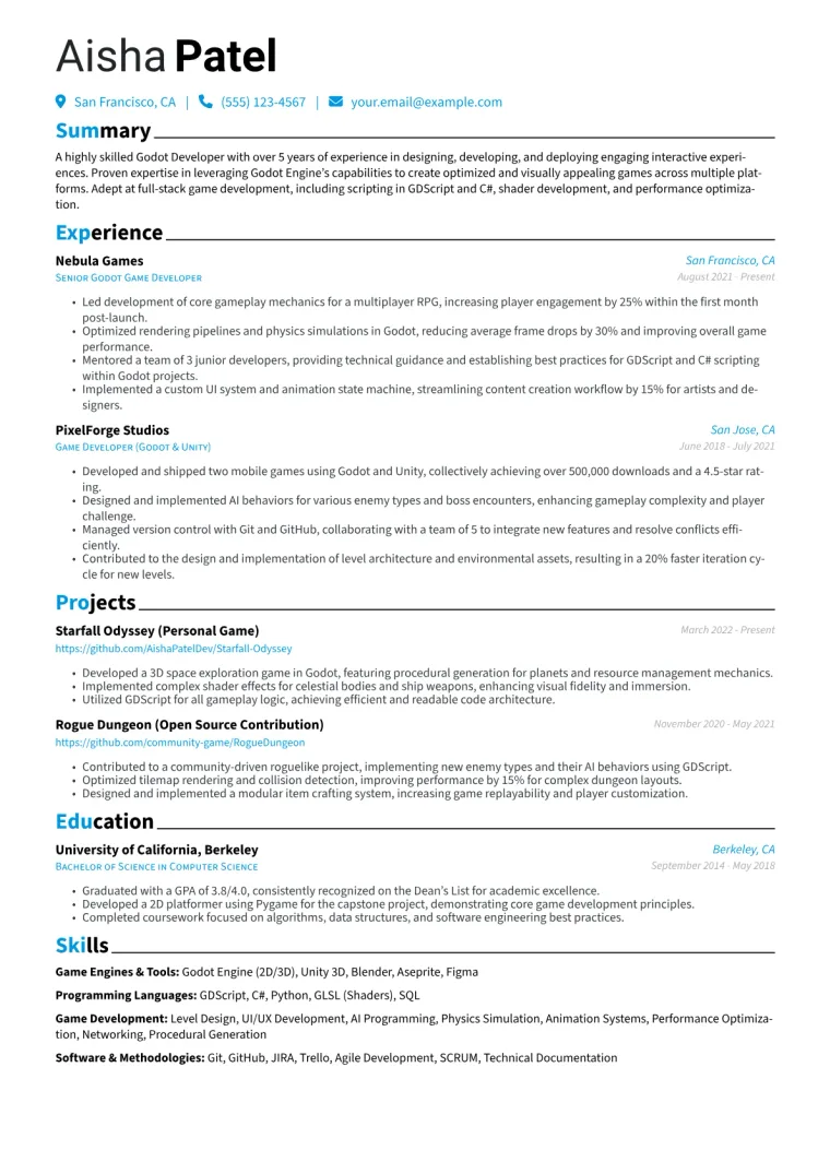 Godot Developer Resume Example CV template preview