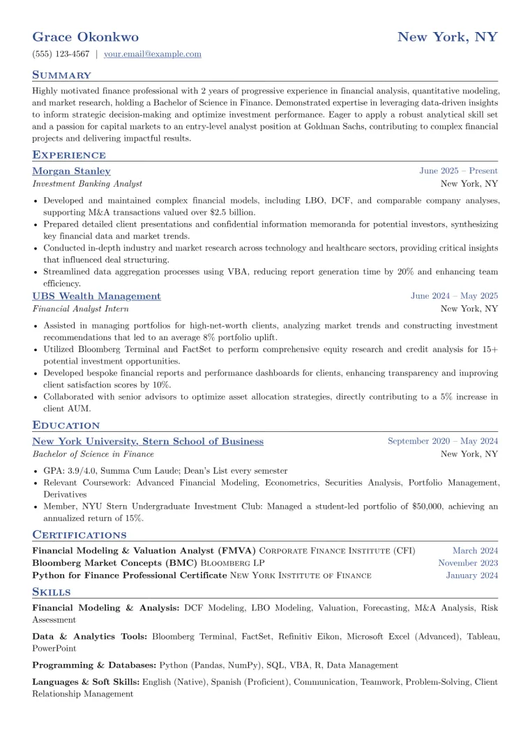 Goldman Sachs Resume Example CV template preview
