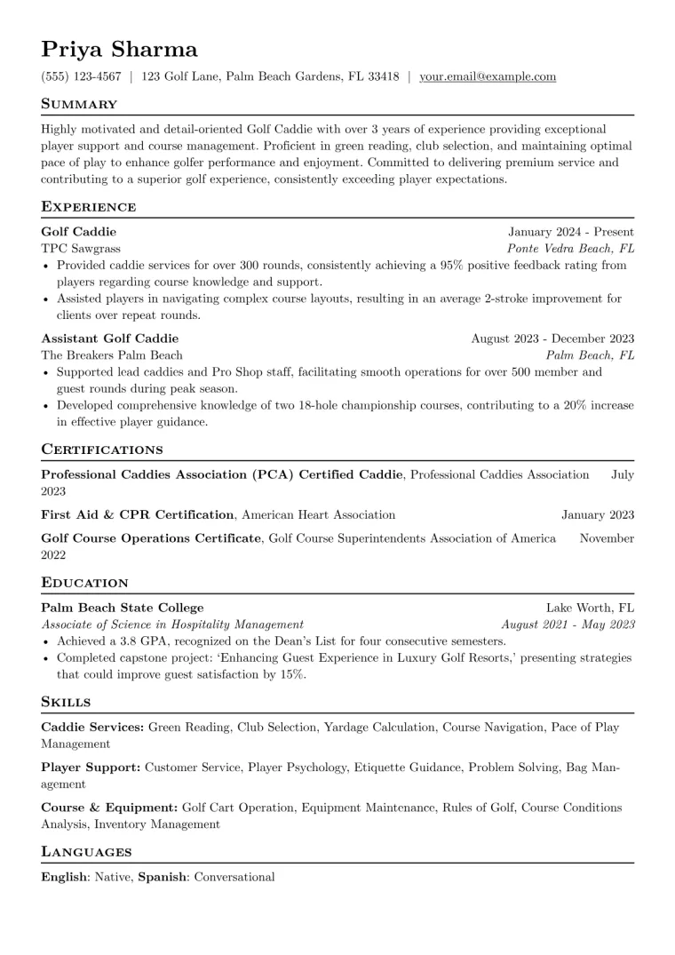 Golf Caddie Resume Example CV template preview