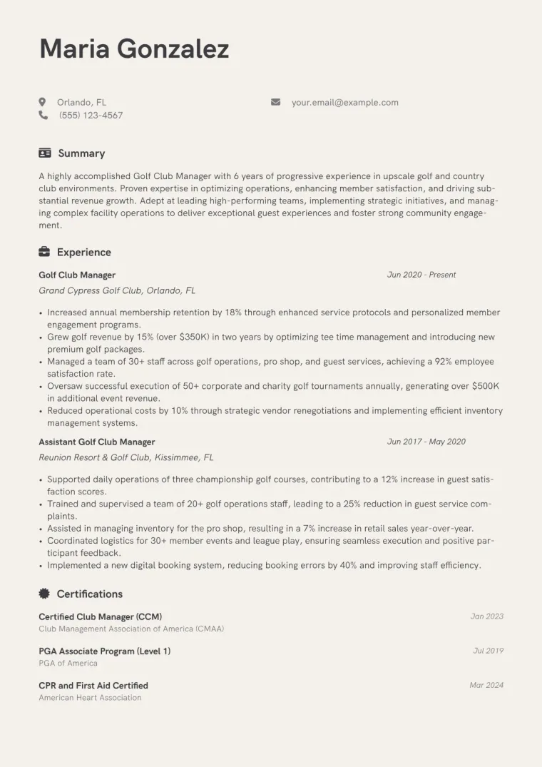Golf Club Manager Resume Example CV template preview