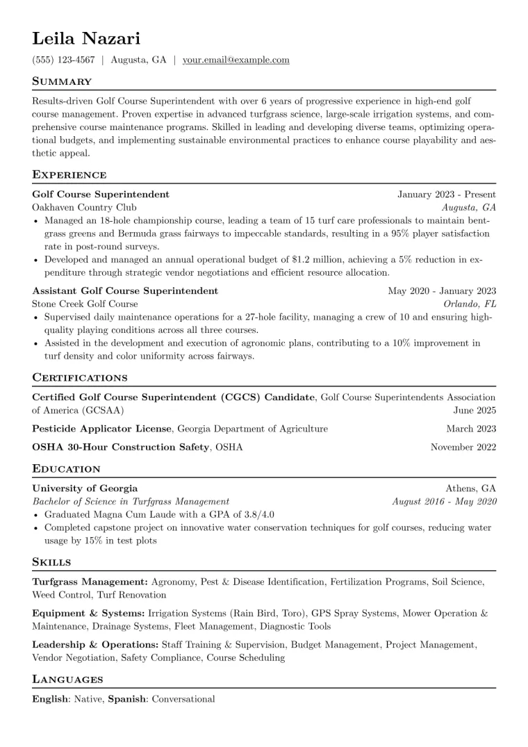 Golf Course Superintendent Resume Example CV template preview