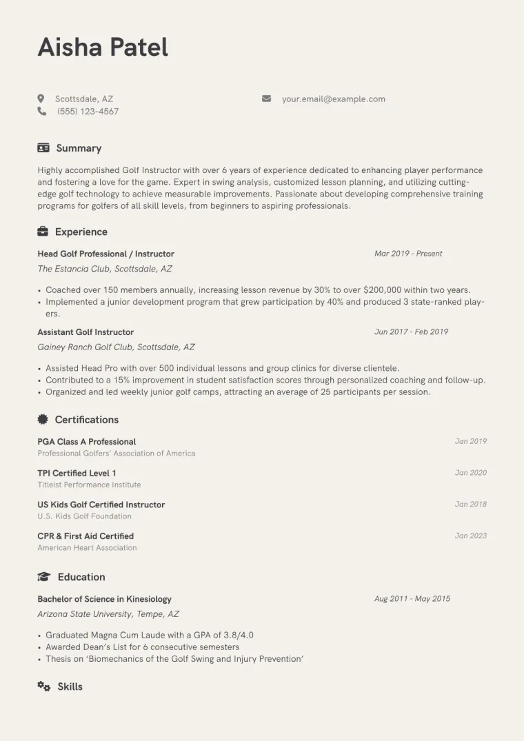 Golf Instructor Resume Example CV template preview