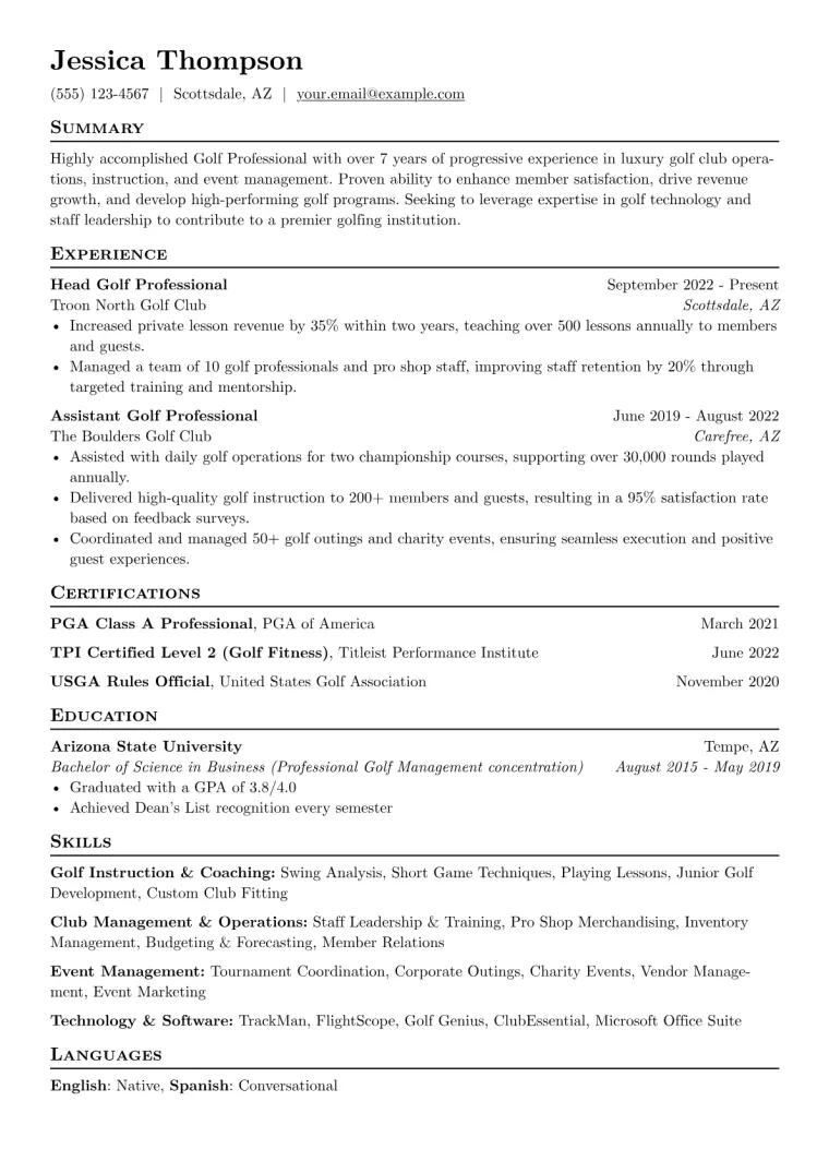 Golf Professional Resume Example CV template preview