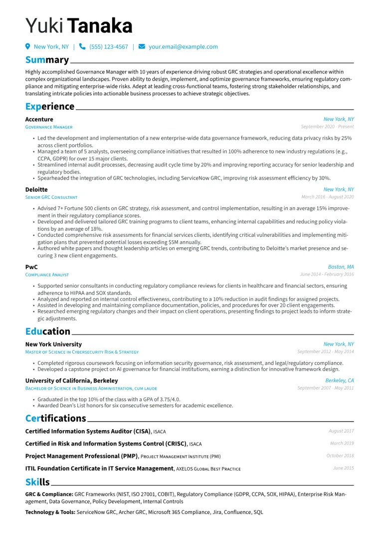 Governance Manager Resume Example CV template preview