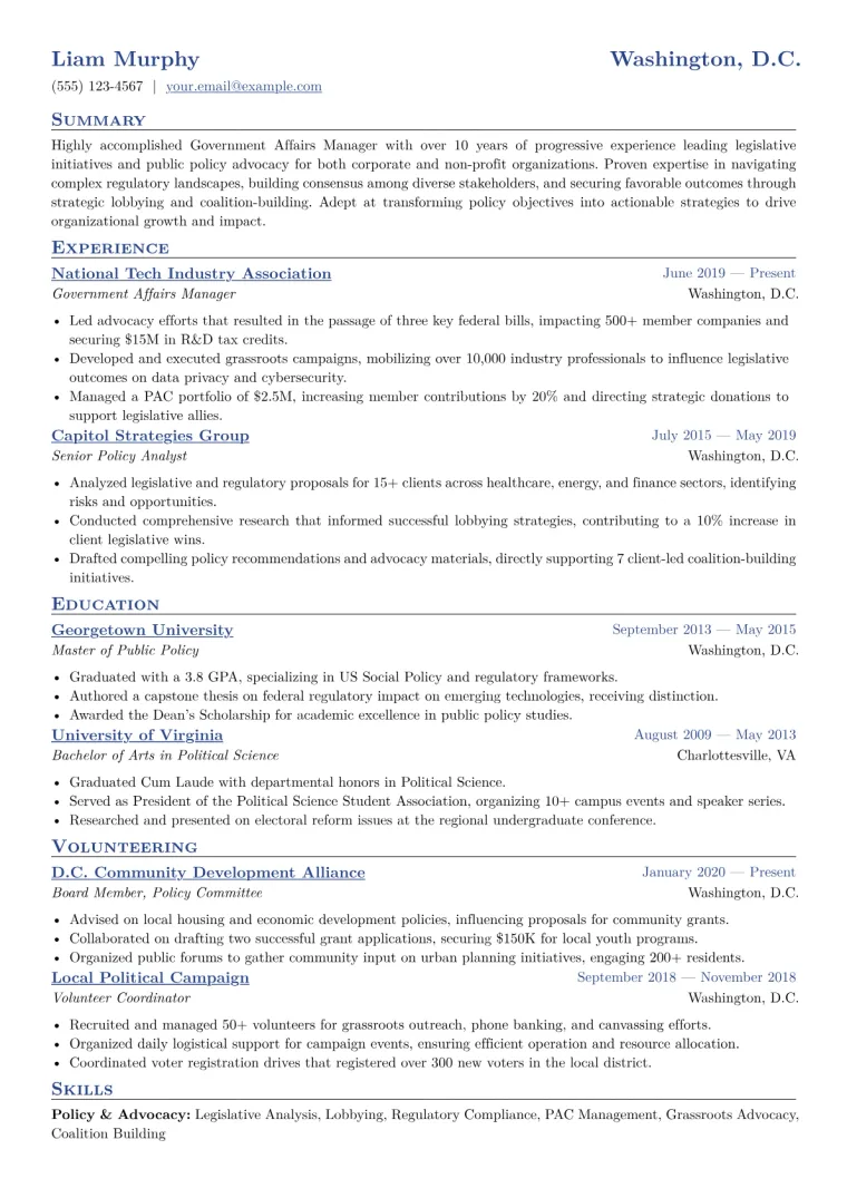 Government Affairs Manager Resume Example CV template preview