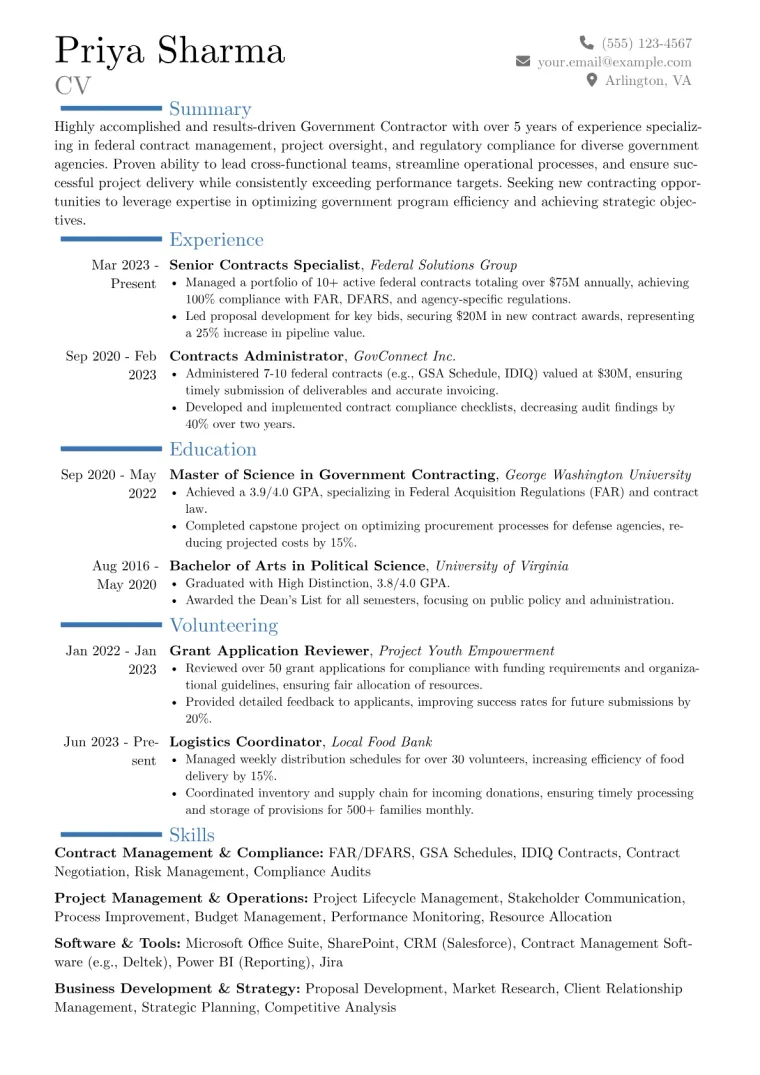 Government Contractor Resume Example CV template preview