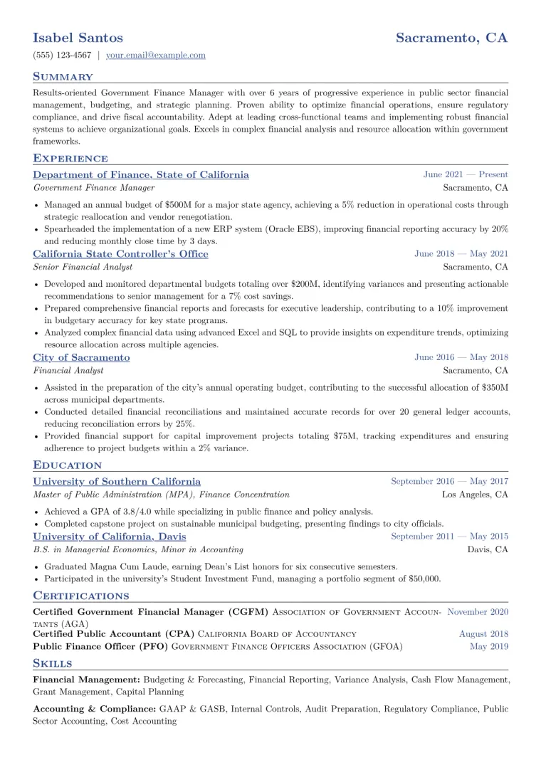 Government Finance Manager Resume Example CV template preview