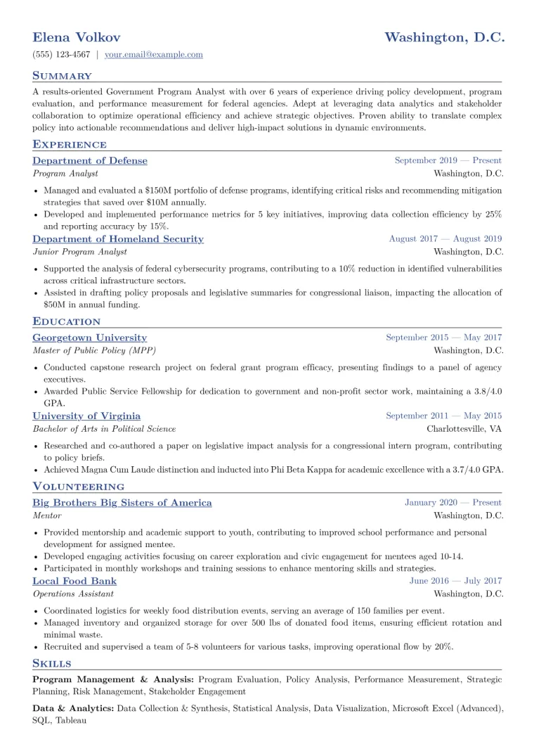 Government Program Analyst Resume Example CV template preview