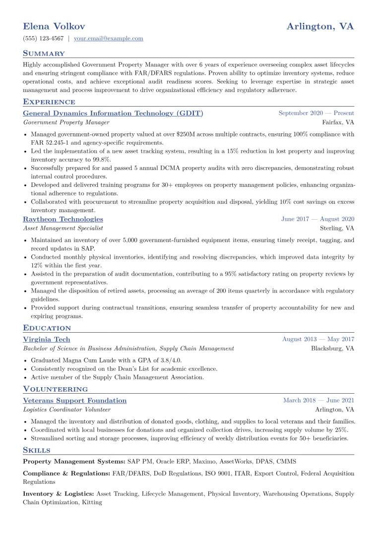 Government Property Manager Resume Example CV template preview