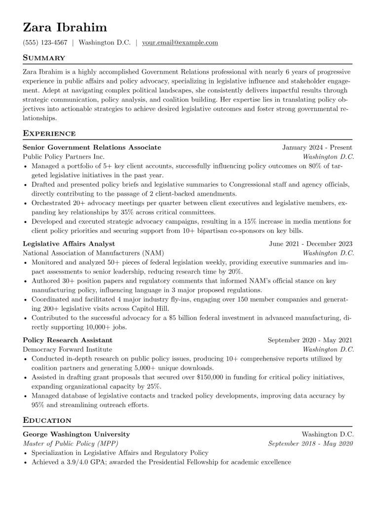 Government Relations Specialist Resume Example CV template preview