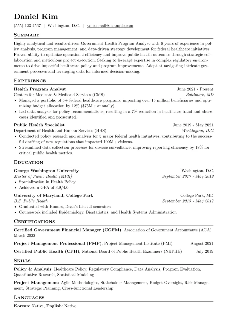 Government Resume Example CV template preview
